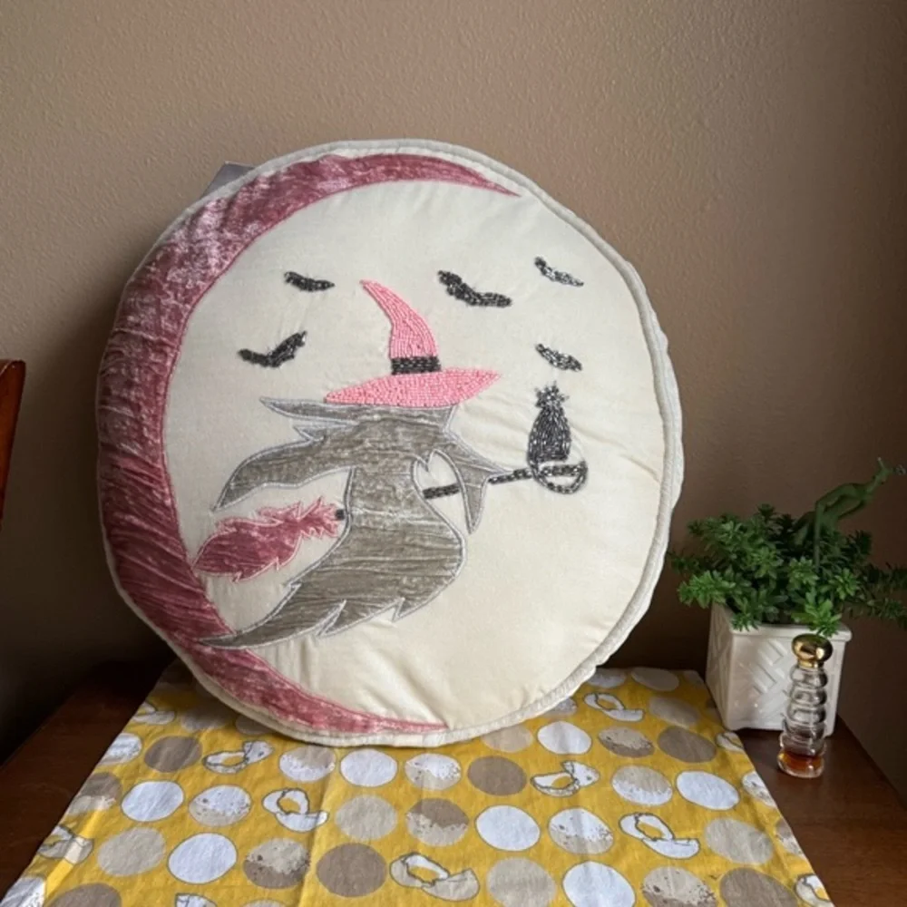 Rachel Zoe NWT ivory, pink silver beaded Witchy Moon decorative Halloween pillow